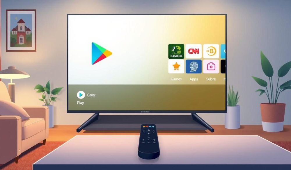 A screenshot of the Play Store on a TV, showcasing various apps and games